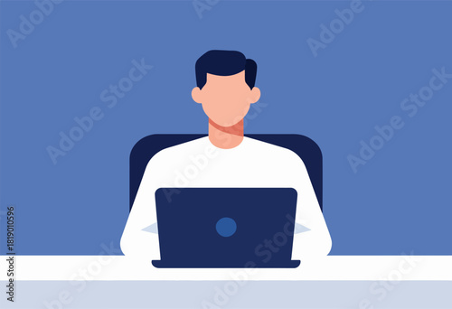An illustration of a person sitting at a desk with a laptop. They are facing the viewer in a simplistic style