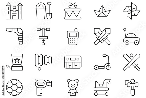 Collation of children's toys line icon set. Contain such as tricycle, water gun, doll, horse toy, drum, ball, robot,  teddy bear and more. children toys Icons bundle. Vector illustration.