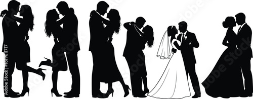 Romantic couple silhouettes, wedding and love poses, black figures, white background, affectionate stance, kiss, embrace, modern vector art