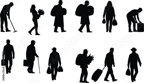 Silhouette people collection, walking and standing poses, black figures, travel accessories, urban lifestyle, minimal design, isolated illustration