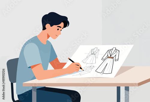 An illustrated designer sits at a table sketching fashion designs on paper, with pre-drawn outfits