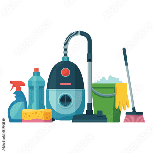 Essential household cleaning supplies and tools for a spotless home