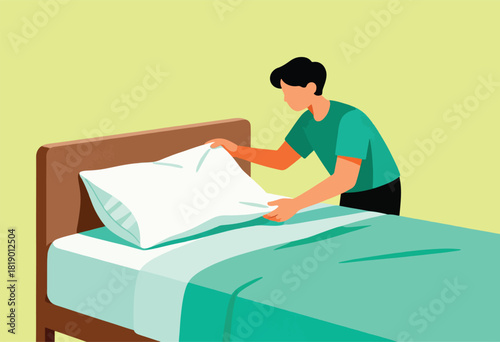 Illustration depicts a person making a bed, straightening a white pillow on teal bedding with brown headboard