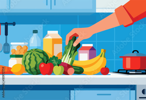A vibrant kitchen scene features a hand reaching for produce next to a stove with a red pot