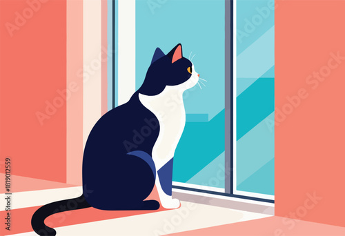 A navy and white cat sits, gazing out a window with a blue-sky view, in a room with coral walls