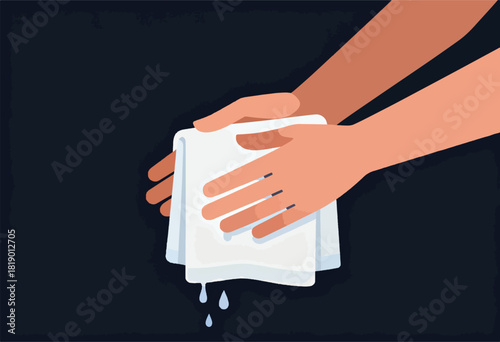 Illustration of hands holding a white, folded cloth with water droplets falling, against a dark backdrop