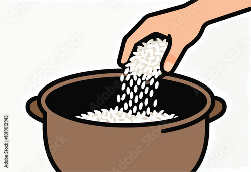 An illustrated depiction shows a hand pouring uncooked white rice into a brown pot