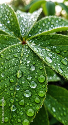 Close up of Vibrant Green Leaves Covered in Numerous Fresh Water Droplets
