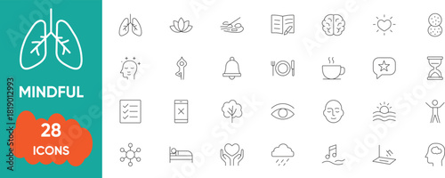 Mindful Wellness Icons – Brain, Healing, Meditation, Emotion, Psychology, Therapy, Balance And Mental Health Outline Vector Set.