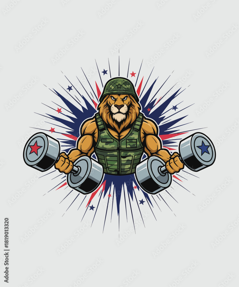 Fototapeta premium Powerful Lion Lifting Weights in Military Gear Patriotic Symbol of Strength and Dedication