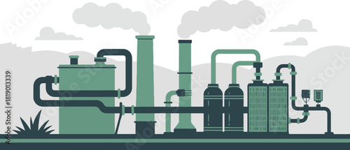 Industrial Factory or Plant with Pipes and Tanks Emitting Smoke from Chimneys Vector Illustration in Minimalist Style