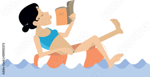 Young woman lays lifebuoy and reads book