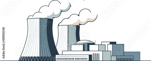 Nuclear power plant with reactors and cooling towers for energy production and electrical power generation by nuclear fission exactly 130 characters