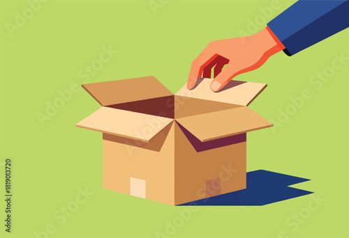 A hand opening a cardboard box. The box sits on a green surface with a dark shadow. Simplified illustration