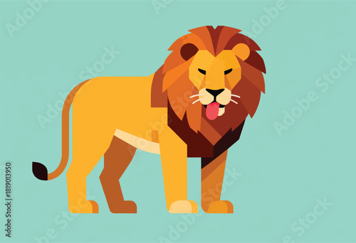 A stylized, geometric lion illustration with a large mane, tongue out, standing on a teal background