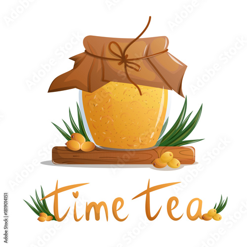Sea buckthorn tea jar illustration with handwritt text. Glass jar filled with bright sea buckthorn tea, decorated with leaves, berries and handmade lettering, perfect for packaging.