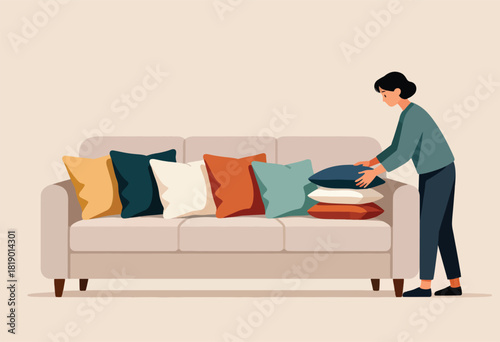 Illustration shows a person arranging pillows on a beige sofa. Variety of colorful pillows add a pop