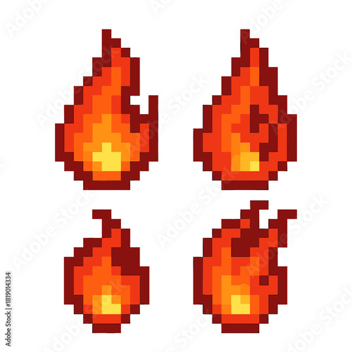 Fireball vector icons set in pixel style. blazing, flame symbols