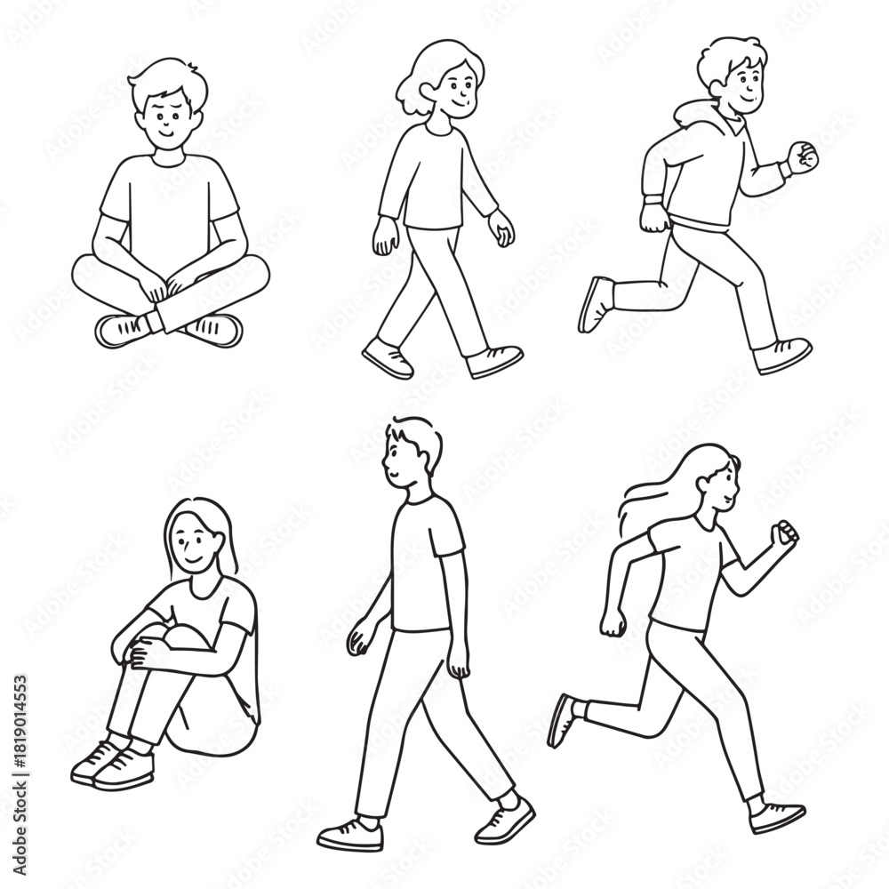 Naklejka premium Sitting, walking, running people line art vector silhouette