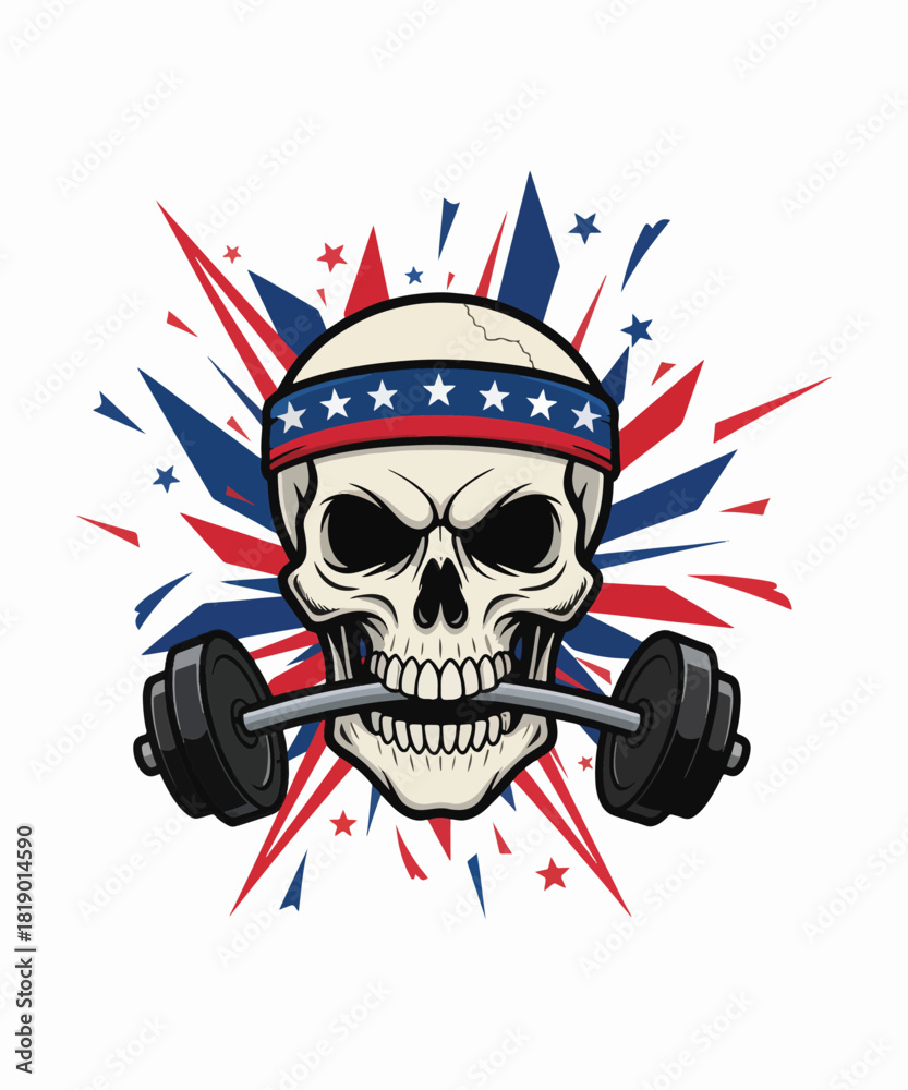 Fototapeta premium Skull with barbell and patriotic headband symbolizing strength and determination in fitness and gym concept perfect for motivational themes
