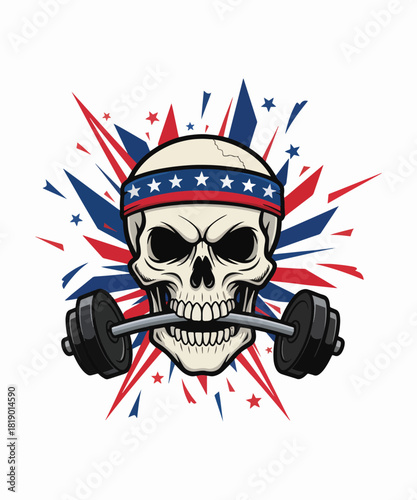 Skull with barbell and patriotic headband symbolizing strength and determination in fitness and gym concept perfect for motivational themes