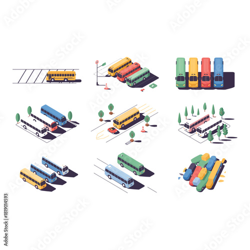 Colorful isometric vehicles and transportation collection