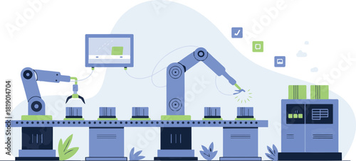 Production line with robotic arms vector illustration in modern flat style that is ideal for microstock metadata one hundred thirty characters