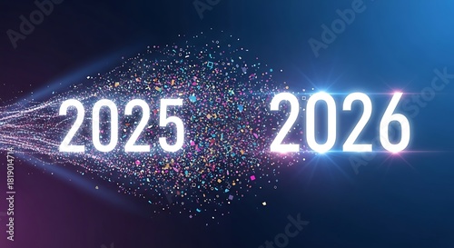 Futuristic New Year Transition Luminous 2026 Emerges from a 2025 Particle Stream.