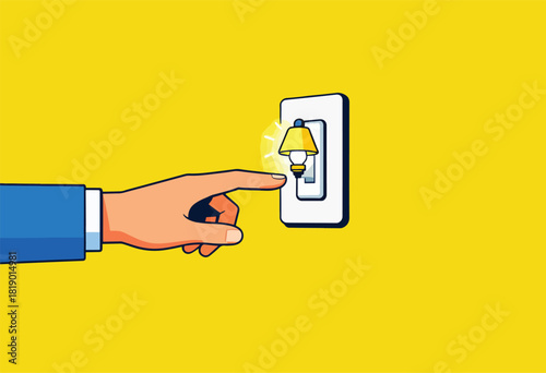 A hand pressing a bell-shaped doorbell on a yellow wall with light emanating. It signifies announcement or contact