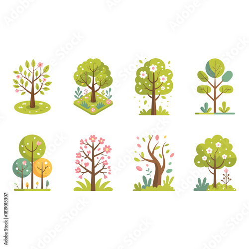 Collection of stylized trees in various seasons and styles