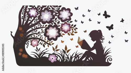 Elegant silhouette of a gentle girl sitting peacefully rendered as a dynamic vector composition with subtle color variations and clean lines perfect for artistic and serene designs