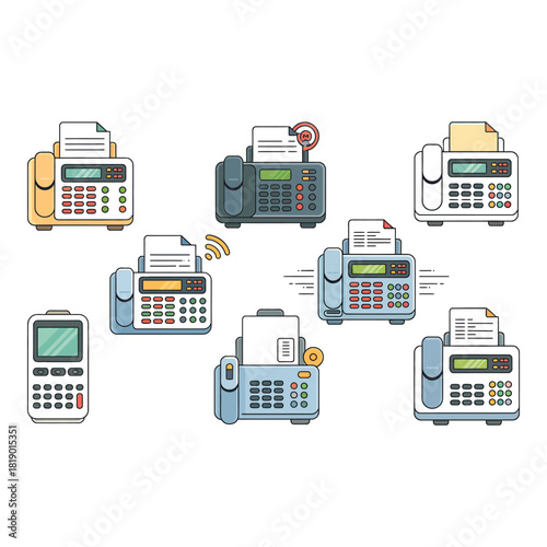 Collection of vintage and modern fax machines and a cell phone