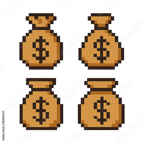 Money bags vector icons set, pixel style. finance and wealth symbols