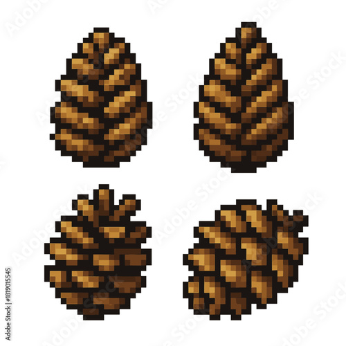 8 bit pine cones vector icons set: pixel style graphics for retro and nature themes
