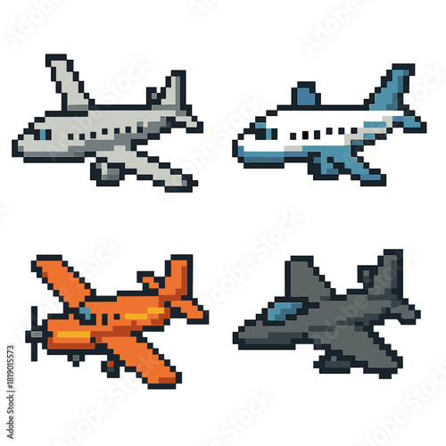 Airplane vector icons set in pixel style. simple digital aircraft symbols