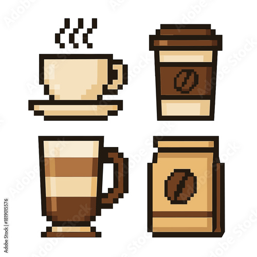 Coffee vector icons set in pixel style. simple drink and beverage symbols