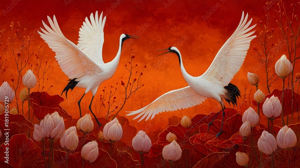 Naklejka premium Elegant Cranes in a Floral Garden Fine Art Illustration Decorative Theme