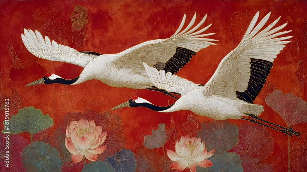Obraz premium Elegant cranes in flight over lotus flowers in traditional Asian painting style