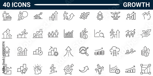 Growth line icon set. Includes professional, personal, financial growth, progress, career, arrows up, goal, development. Editable stroke. Vector illustration.