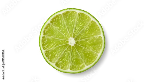 A vibrant, circular slice of lime with a bright green color, isolated on a white background.