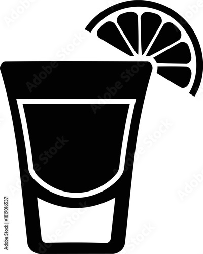 Stylized silhouette of a tequila shot glass adorned with a fresh lime wedge on its rim perfect for fiesta party celebrations and beverage themed designs