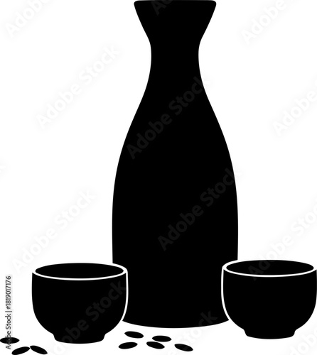 Elegant black silhouette of a sake bottle and traditional japanese cup set perfect for asian beverage concepts and cultural designs