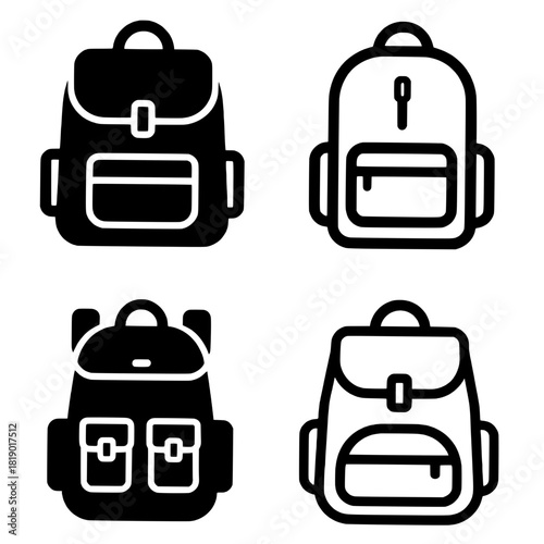 4 Icons illustration of backpack, black, transparent background