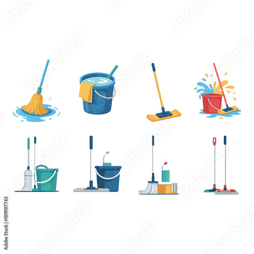 Collection of mops buckets and cleaning supplies