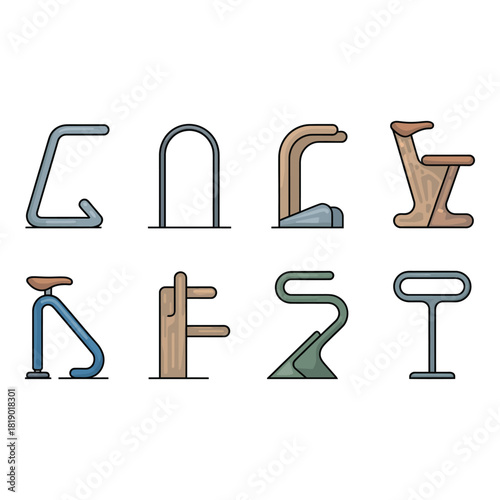 Collection of diverse modern bicycle racks in various styles