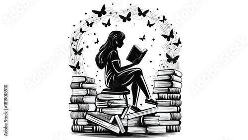 Dynamic composition featuring the elegant silhouette of a young woman rendered in a vibrant cmyk color model with a sophisticated blend of black white and primary colors