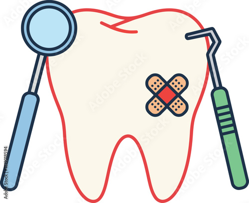 Dental Treatment Icon with Tooth, Mirror, and Probe for Oral Care and Dentistry Services