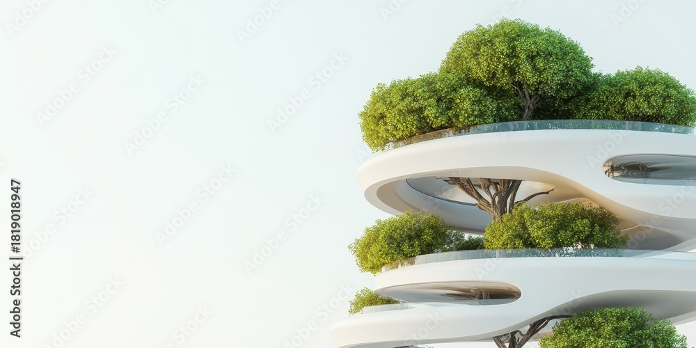 Obraz premium Futuristic organic building levels with abundant green trees and vegetation against a bright sky.