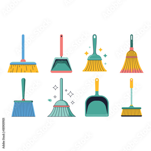 Collection of colorful cleaning tools and supplies