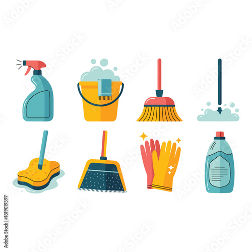 Collection of colorful cleaning supplies and tools for household chores